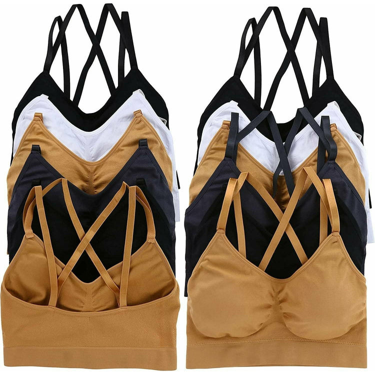 Women's Pack of 6 Strappy Back Solid Classic Color Wire Free Padded Bralettes
