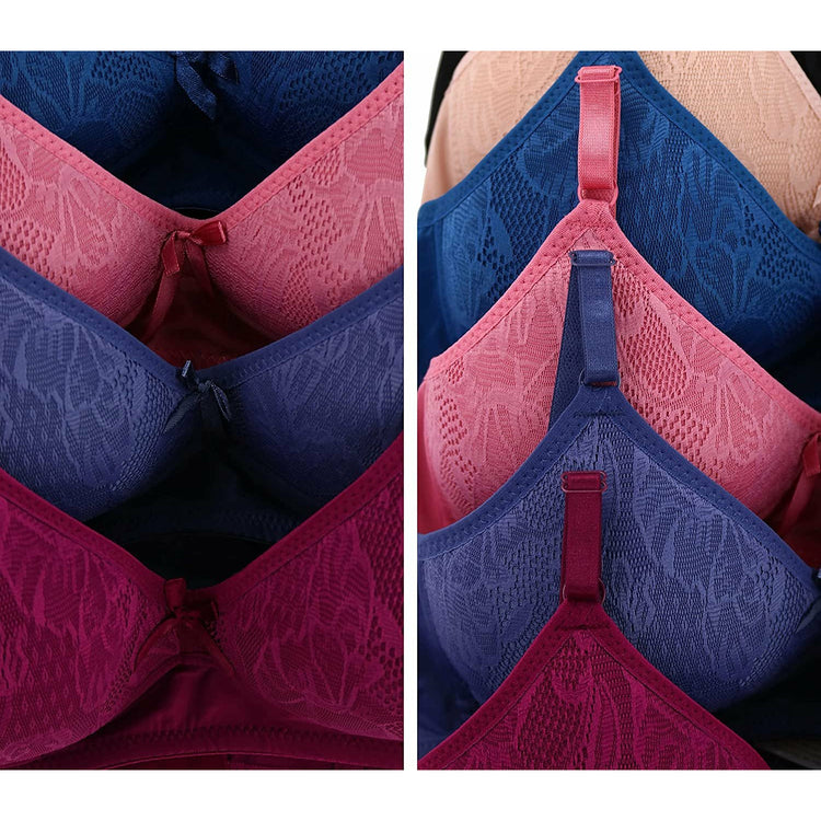 ToBeInStyle Women's Pack of 6 Padded Underwire Leafy Patterned Wild Berry Bras