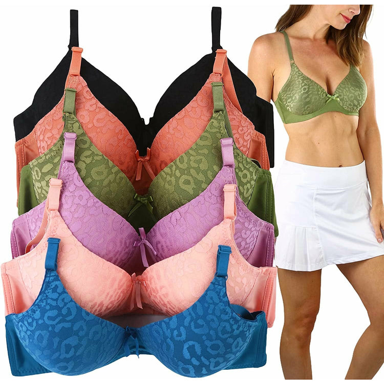 ToBeInStyle Women's Pack of 6 Wire-Free Bras with Leopard Print Lace Cup Overlay