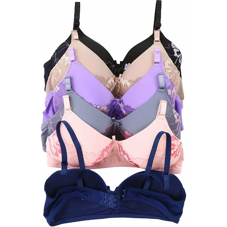 Women's Pack of 6 Wire Free Bras with Bold Floral Lace Overlay