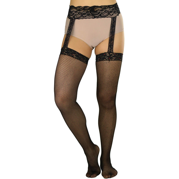 Women's Fishnet Suspender Garter Stockings With Rhinstone On Lace Top