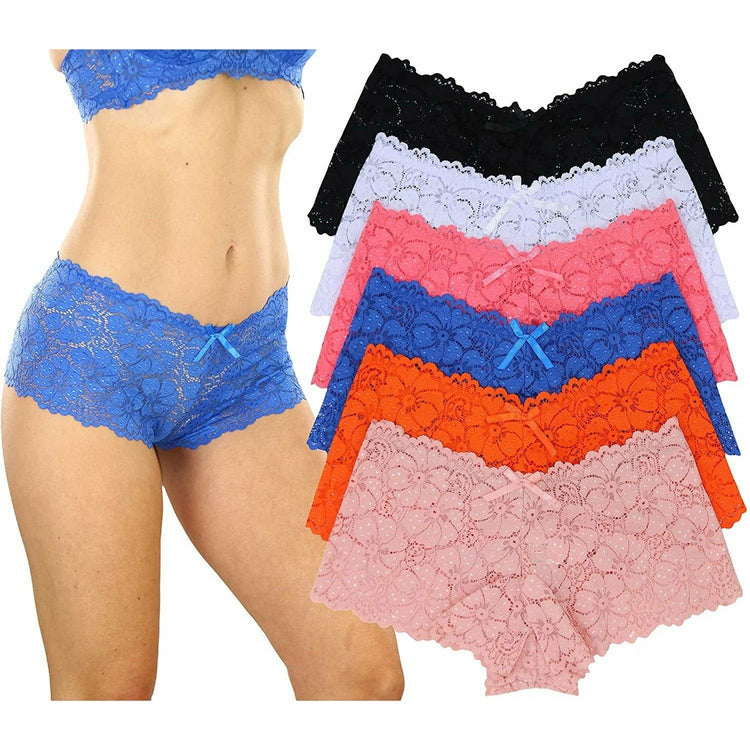 ToBeInStyle Women's Pack of 6 Floral Lace Boyshort Panties with Ribbon