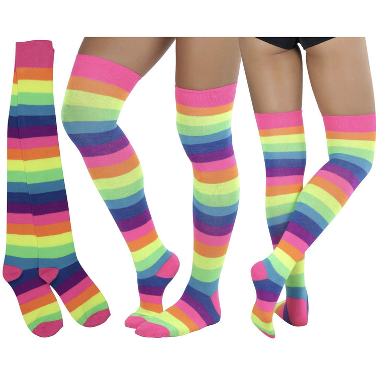 Women’s Bright Vibrant Rainbow Striped Thigh High Stockings