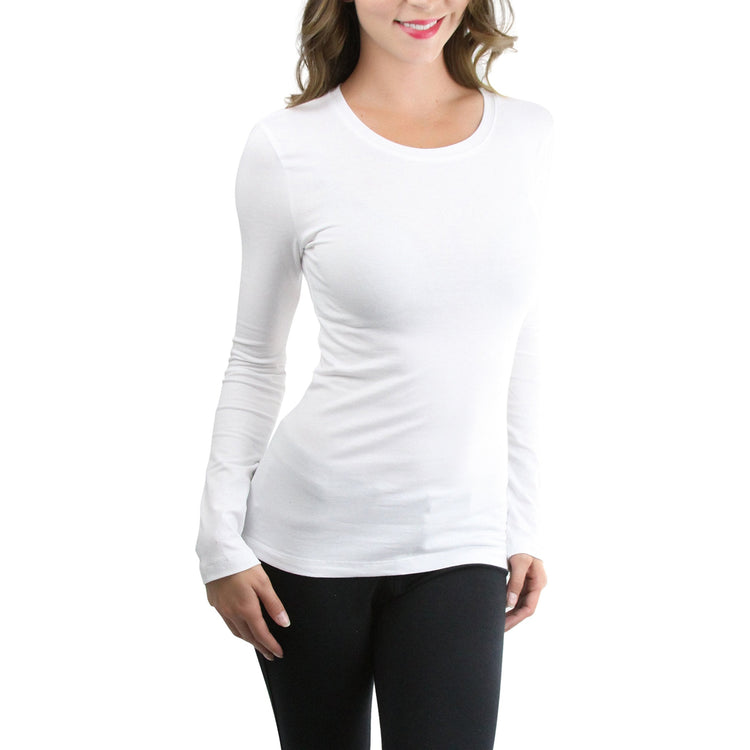 Women's Cotton-Blend Crew-Neck Staple Top with Long Sleeves