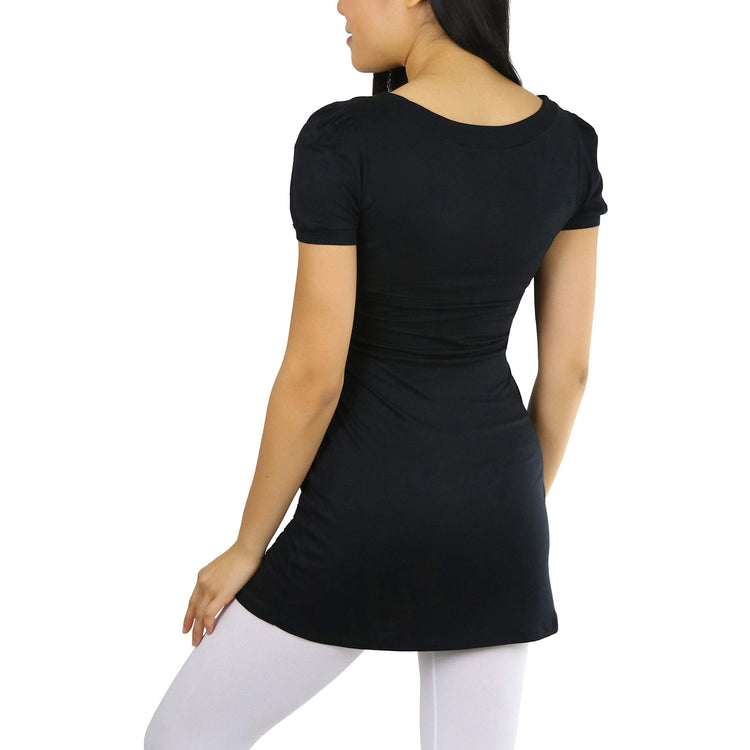 Women's Long Scoop Neck Tunic Dress with Cap Sleeves