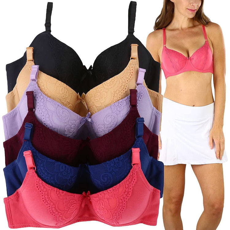 ToBeInStyle Women's Pack of 6 Classic Bras with Sheer Lace Butterfly Design