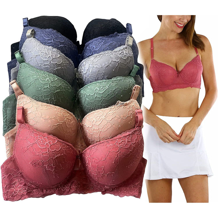 ToBeInStyle Women's Pack of 6 Pastel Bras w/ Floral Design and Lace Band