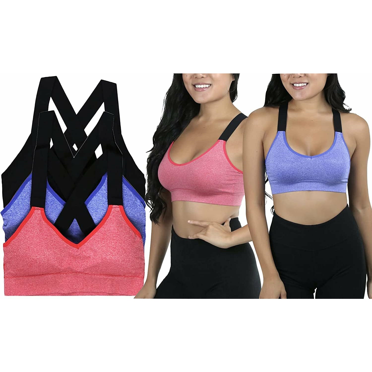 ToBeInStyle Women's 3 Pack Seamless Sports Bra with Strappy Back and C