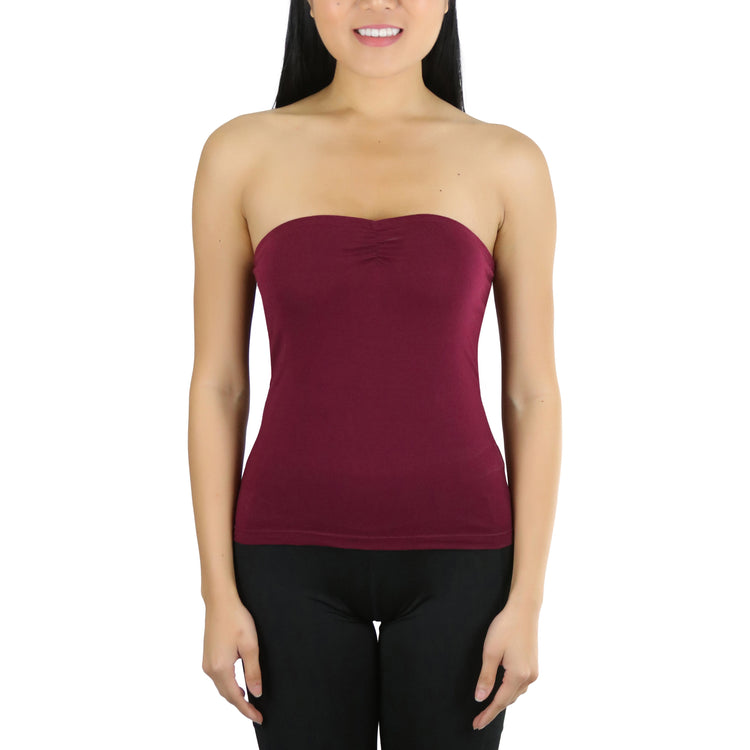 Women's Straight Neckline Ruched Basic Solid Knit Tube Top