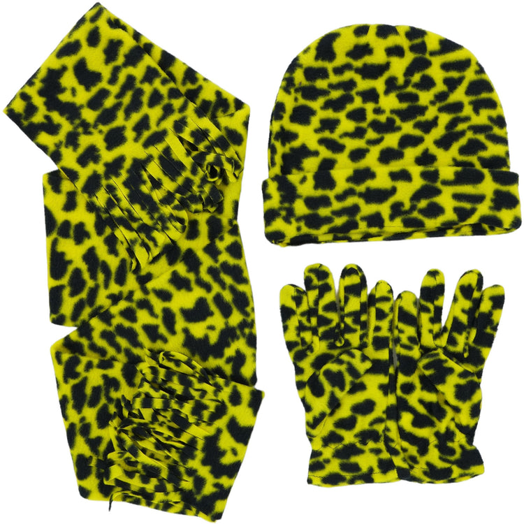 Women’s 3-Piece Fleece Polyester Animal Print Scarf, Gloves & Hat
