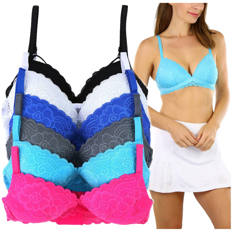 Women's Pack of 6 Padded Bras with Lace Trim Detail and Triangle Back Straps