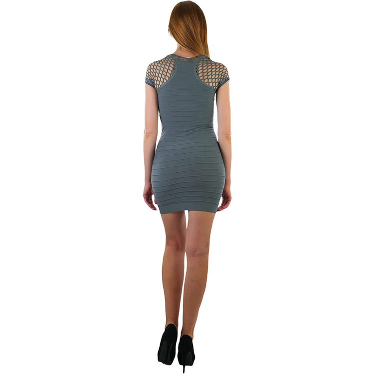 Women’s Stretch Microfiber Horizontal Ribbed Dress with Fishnet Sleeves