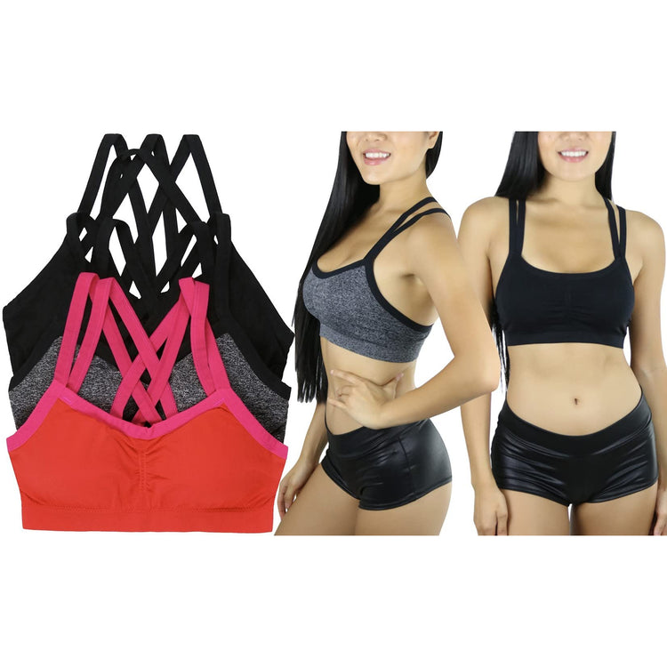 Women's Pack of 3 Wire-Free Seamless Sports Bra with Double Cross Back Design