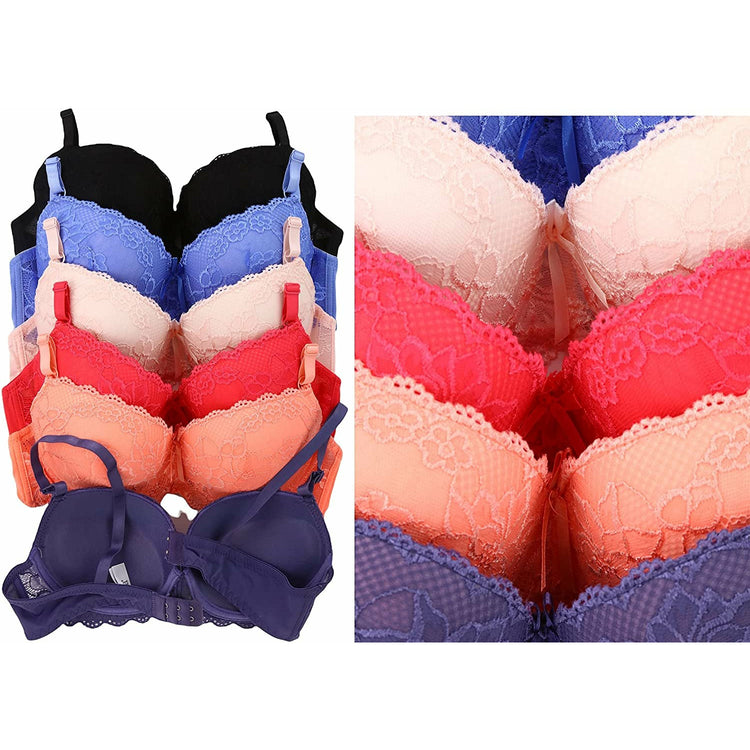 Women's Pack of 6 Floral Lace Overlaid Bras with Scalloped Lace Trim
