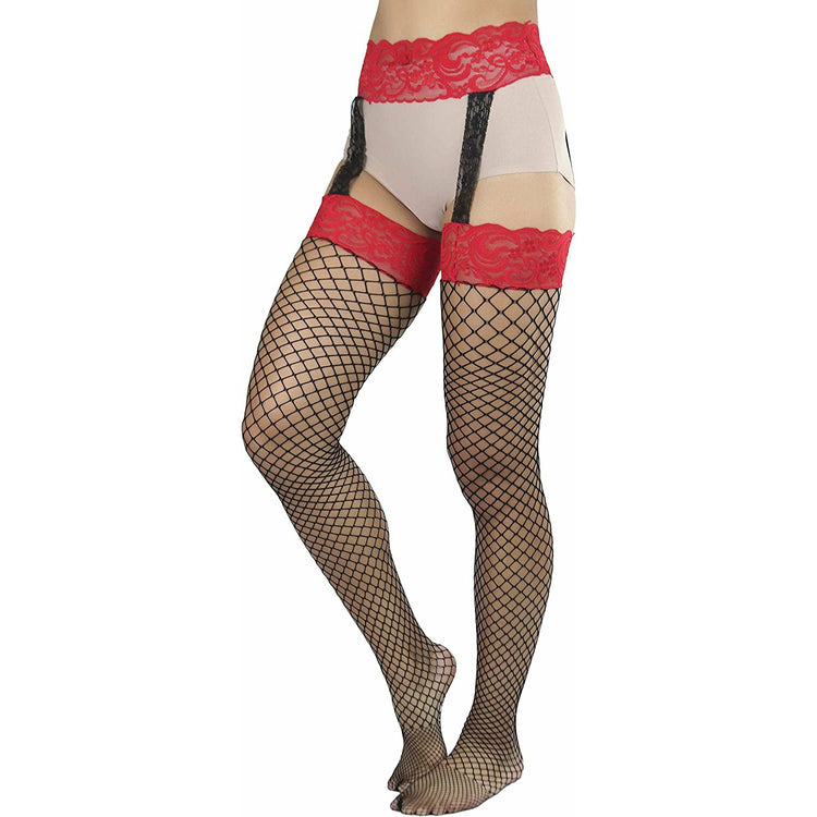 ToBeInStyle Women's Diamond Net Suspender Garter Pantyhose With Contrast Color Lace Top