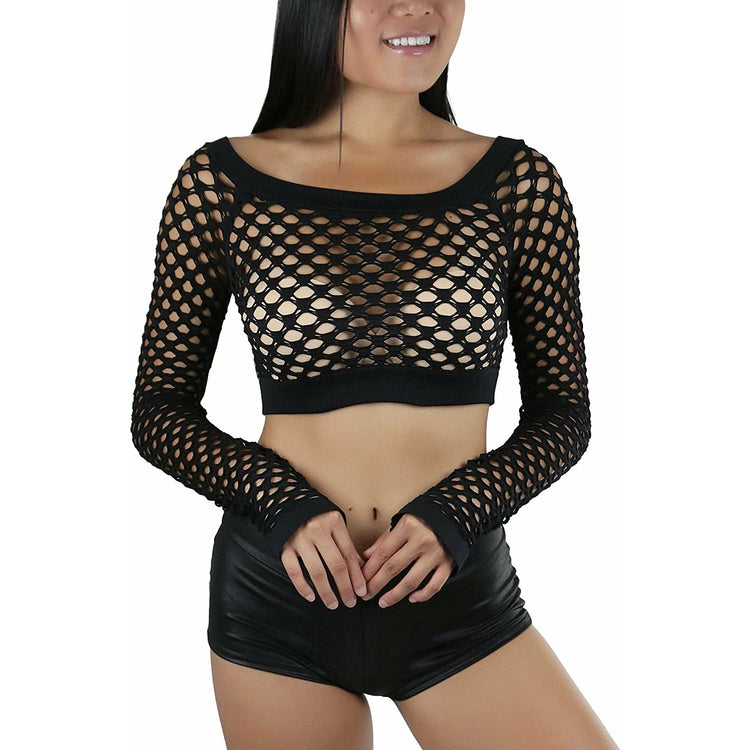 Women's Stretch Fishnet Long Sleeve Rave See-Through Novelty Crop Top