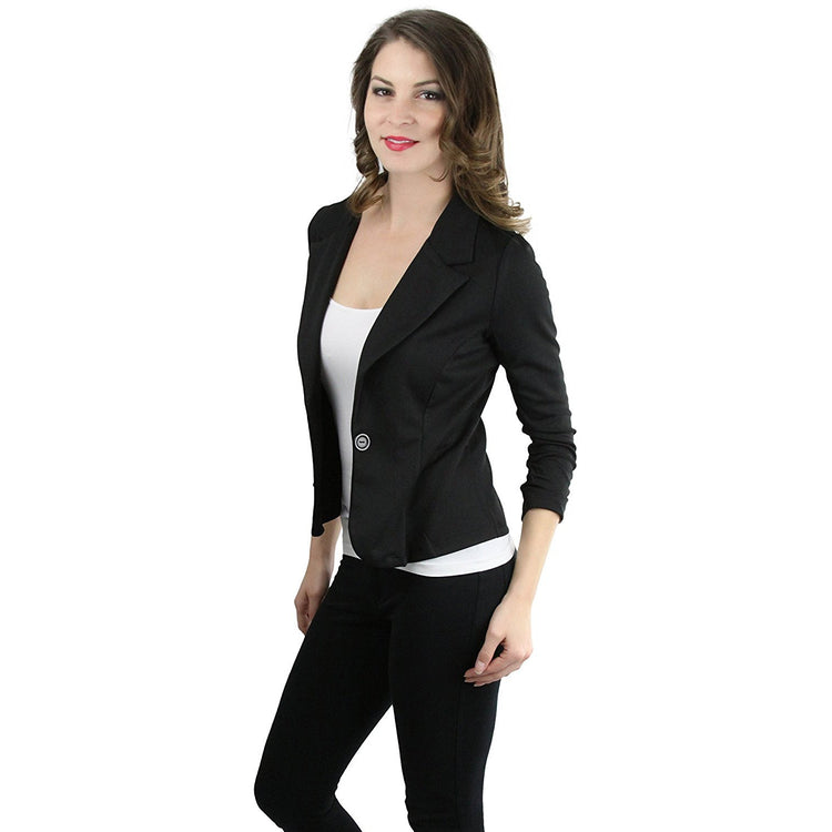 ToBeInStyle Women's 3/4 Shirring Sleeve One Button Stretch Knit Blazer