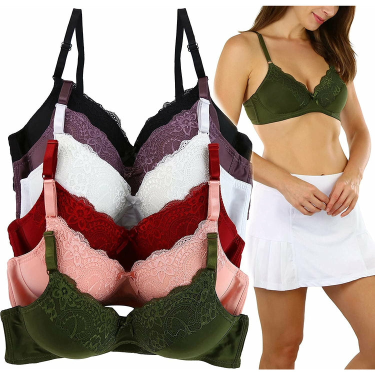 Women's Pack of 6 Slightly Padded Underwire Rose Garden Bras w/ Top Half Lace Overlay Cups