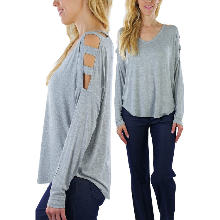 Women's Cutout Shoulders and V-Neck Long Sleeve Top