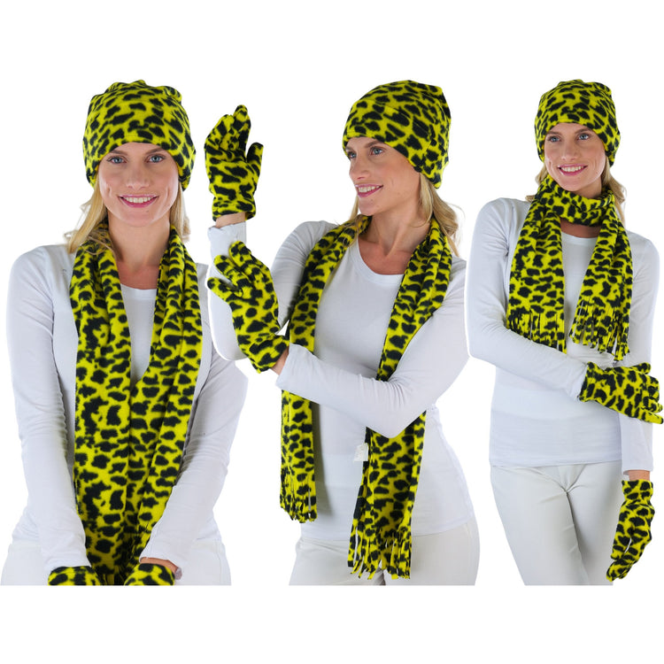 Women’s 3-Piece Fleece Polyester Animal Print Scarf, Gloves & Hat