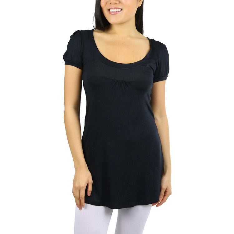 Women's Long Scoop Neck Tunic Dress with Cap Sleeves
