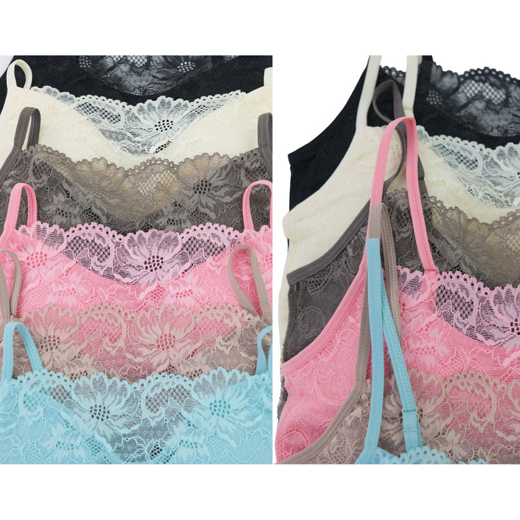 Women's Pack of 6 Nylon Wire-Free Padded Lace Trim Bralettes