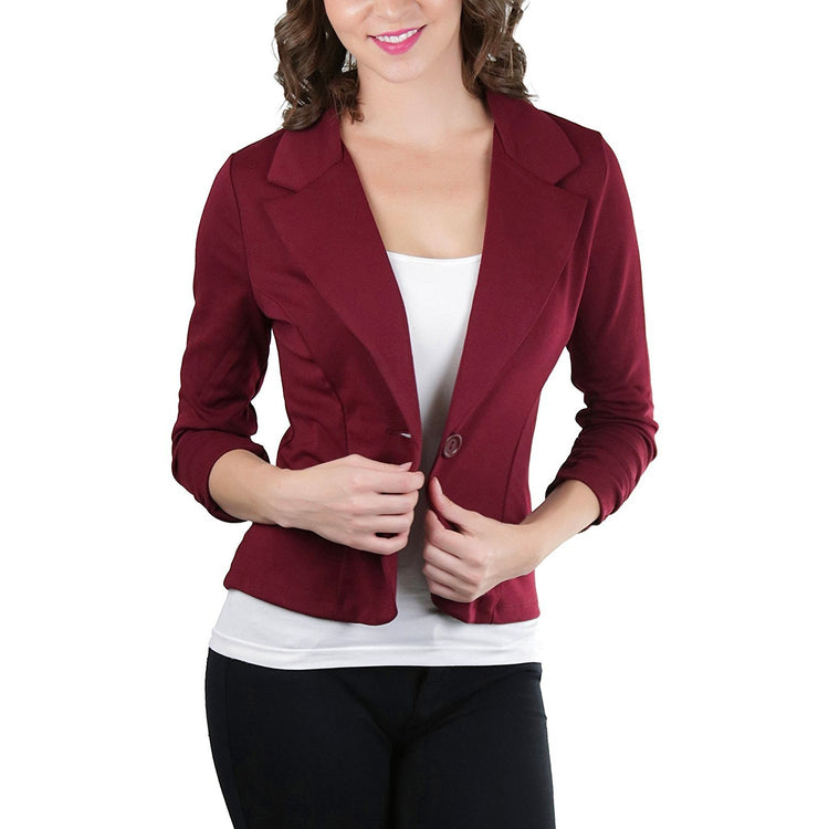 ToBeInStyle Women's 3/4 Shirring Sleeve One Button Stretch Knit Blazer