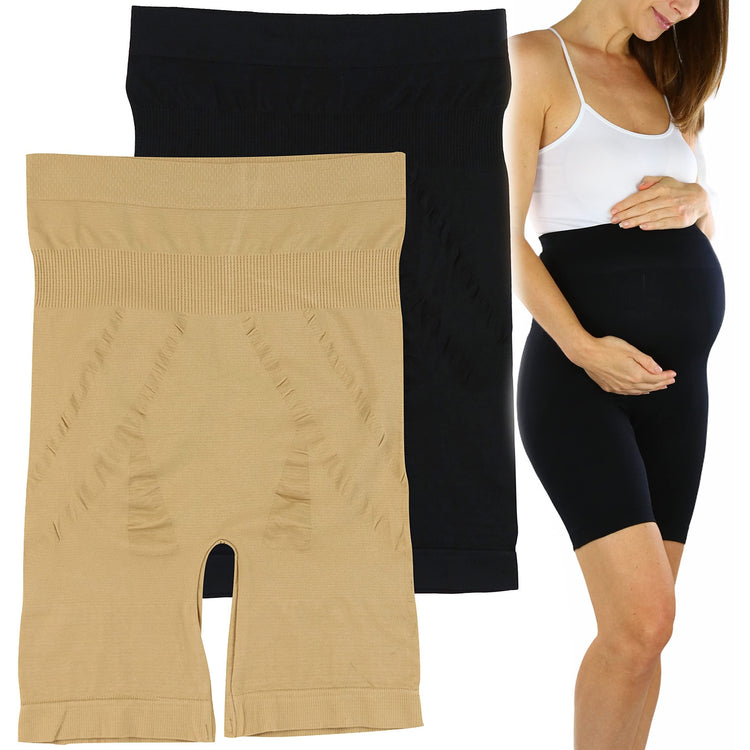 Women's Pack of 2 High Waisted Over The Bump Maternity Layering Long Shorts Underwear