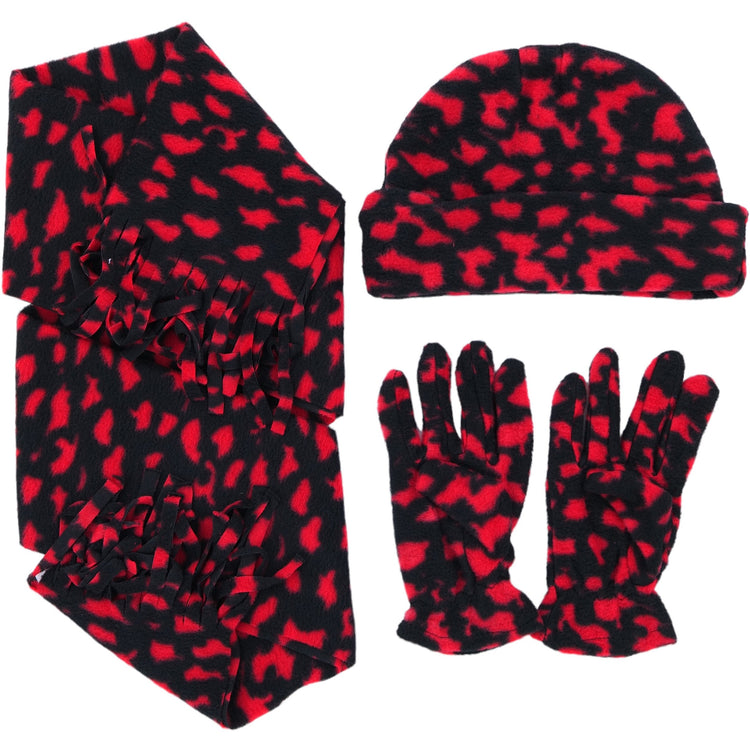 Women’s 3-Piece Fleece Polyester Animal Print Scarf, Gloves & Hat