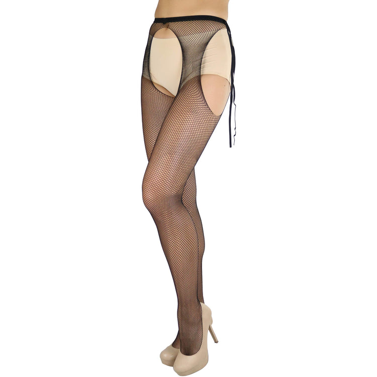 Women's Sheer Pantyhose With Fishnet Suspender And Tie Bow