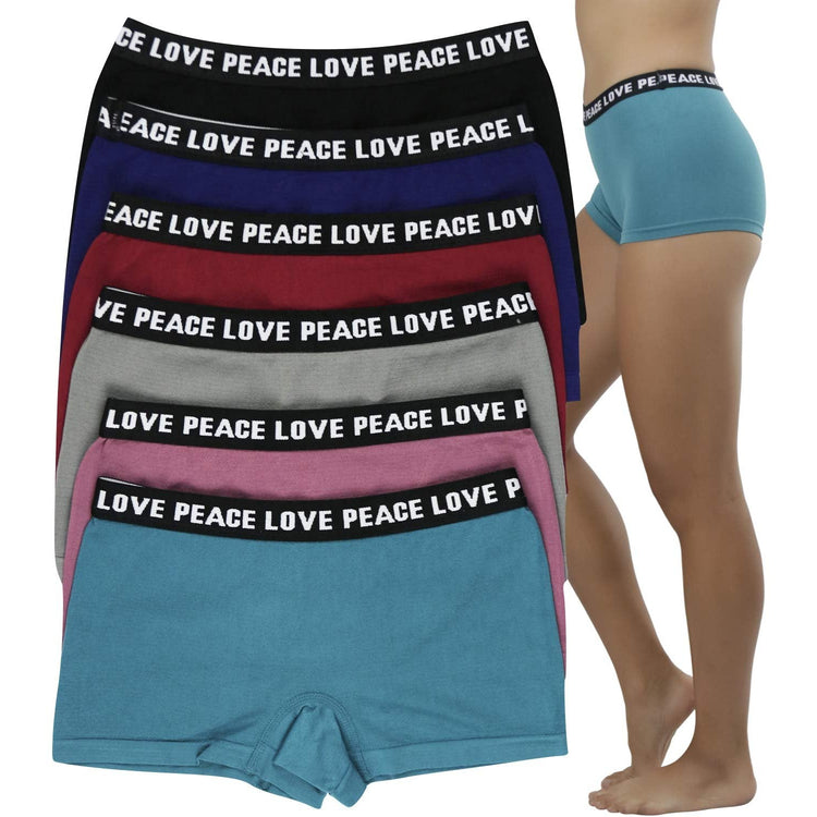Women's Pack of 6 Stretch Microfiber Cheeky Love Peace Boyshort Panties