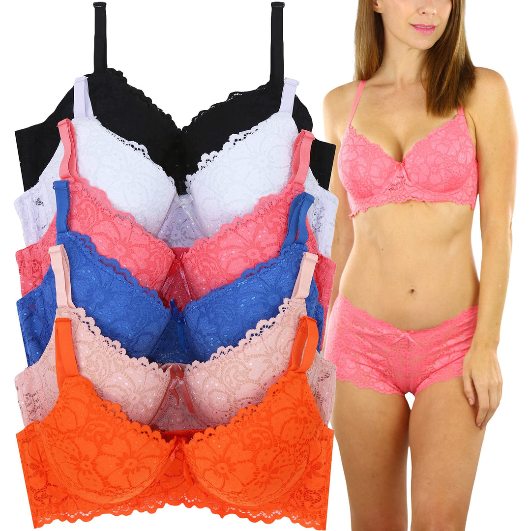 Women's Pack of 6 Full Cup Bras with Scalloped Floral Lace Detail