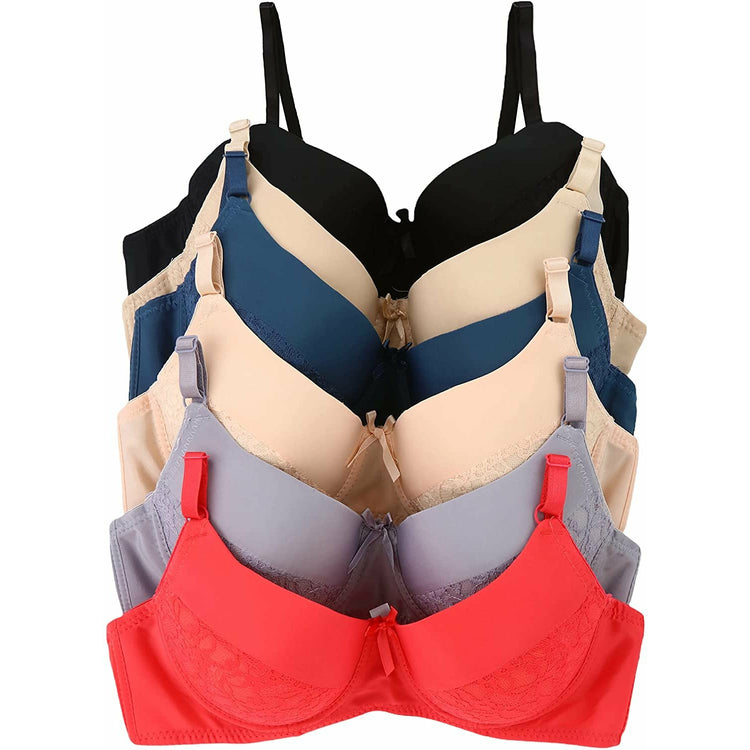 Women's Pack of 6 Padded Half-Laced Full Cup Bras