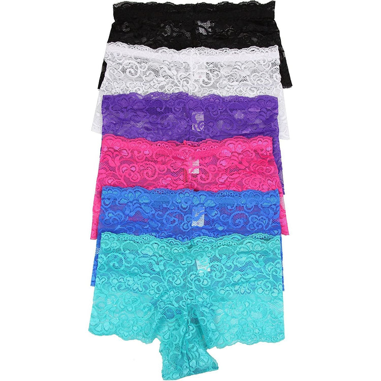 ToBeInStyle Women's Pack of 6 Lacey Sheer Boy Shorts with Flower Design - Small