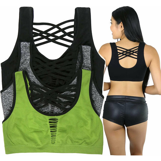 Women's 3 Pack Seamless Sports Bra with Strappy Back and Cut Out Front Design