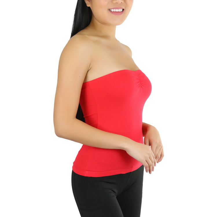 Women's Straight Neckline Ruched Basic Solid Knit Tube Top