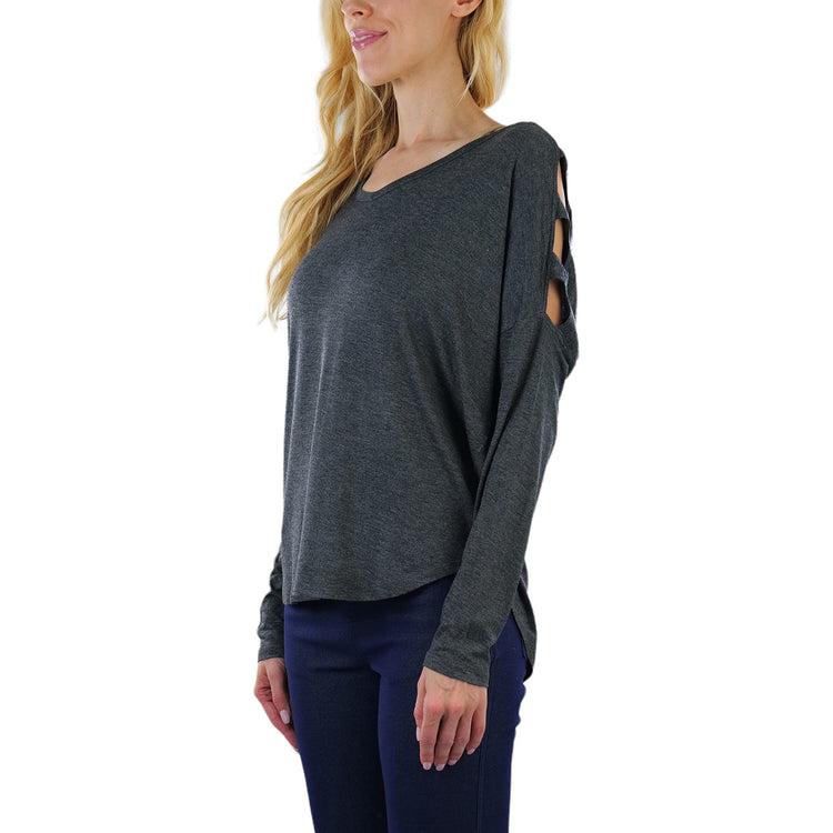 Women's Cutout Shoulders and V-Neck Long Sleeve Top