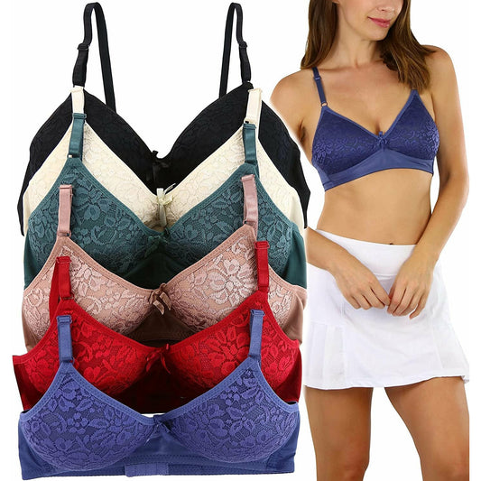 Women's Pack of 6 Slightly Padded Underwire Bras w/ Lace Flower Cups