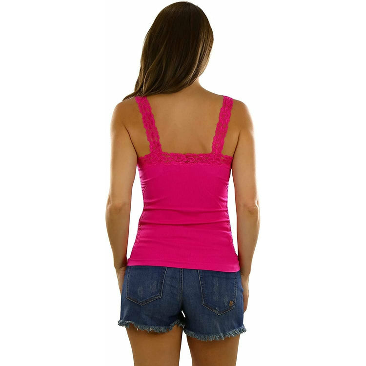 Women’s Wrinkled Seamless Camisole Top with Floral Lace Trim Straps