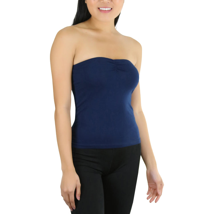 Women's Straight Neckline Ruched Basic Solid Knit Tube Top