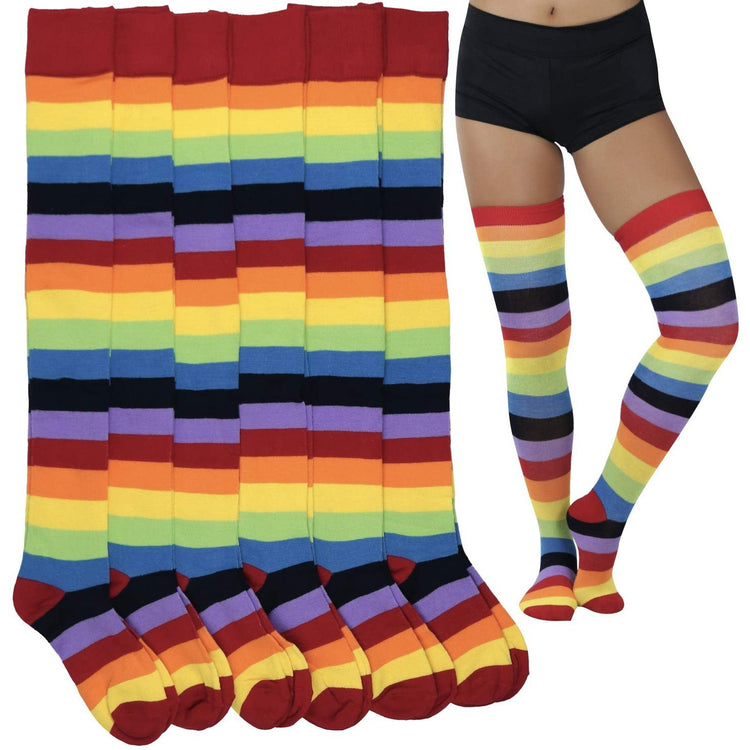 Women’s Bright Vibrant Rainbow Striped Thigh High Stockings