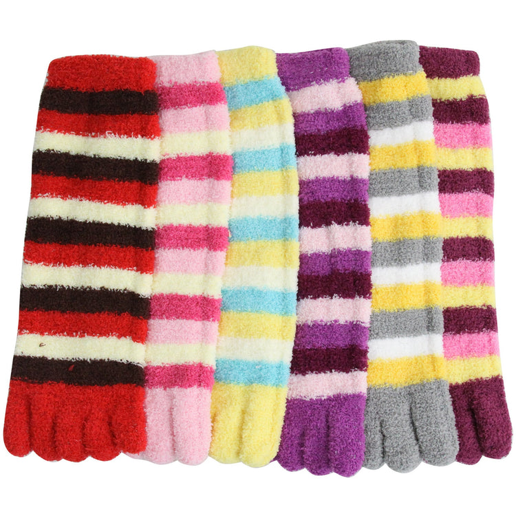 Women's Pack of 6 Stripe Plush Winter Toe Socks - Size: 09-11