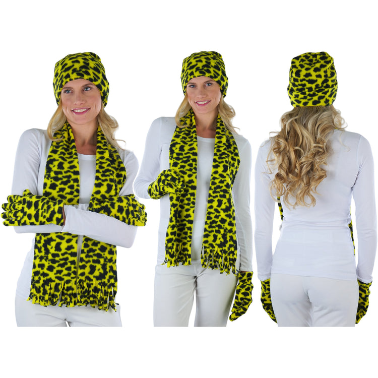 Women’s 3-Piece Fleece Polyester Animal Print Scarf, Gloves & Hat