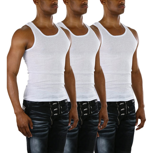 Men's Pack of 3 Slim Fit Shallow Scoop Neck Sleeveless Classic A-Shirts