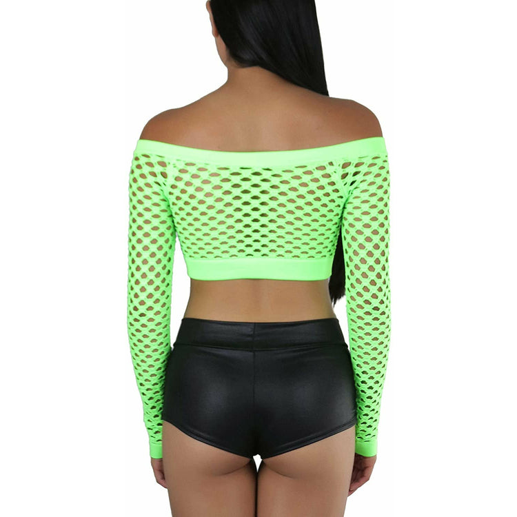 ToBeInStyle Women Stretch Fishnet Long Sleeve Rave See-Through Novelty Crop Top