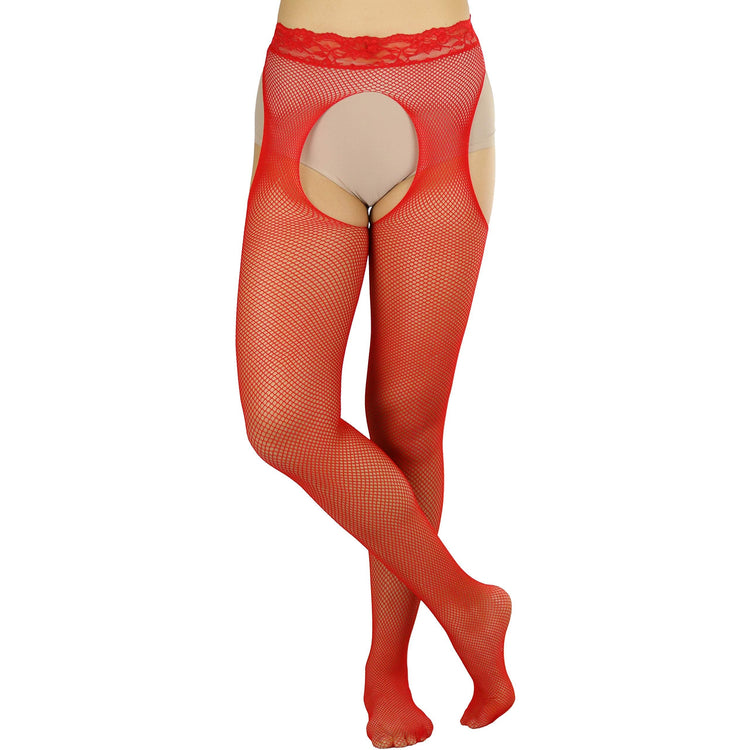 Women's Tights With Fishnet Suspender And Lace Waist