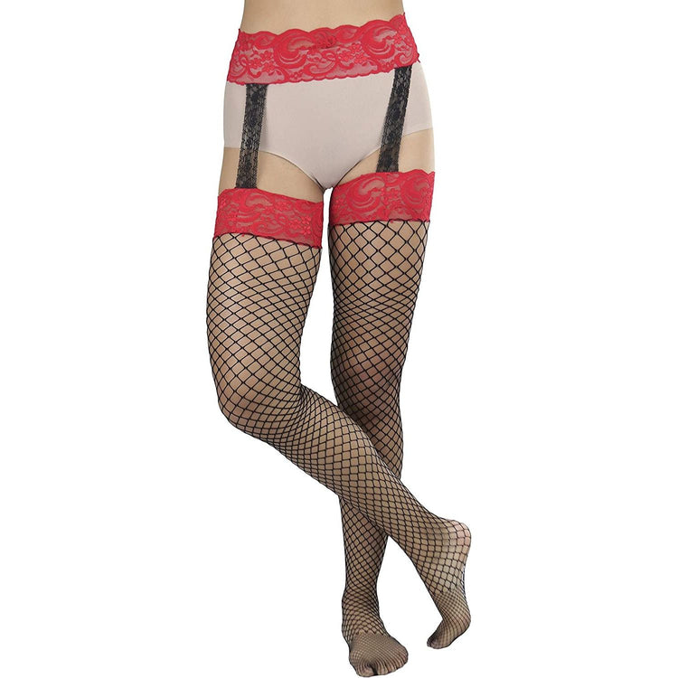 ToBeInStyle Women's Diamond Net Suspender Garter Pantyhose With Contrast Color Lace Top