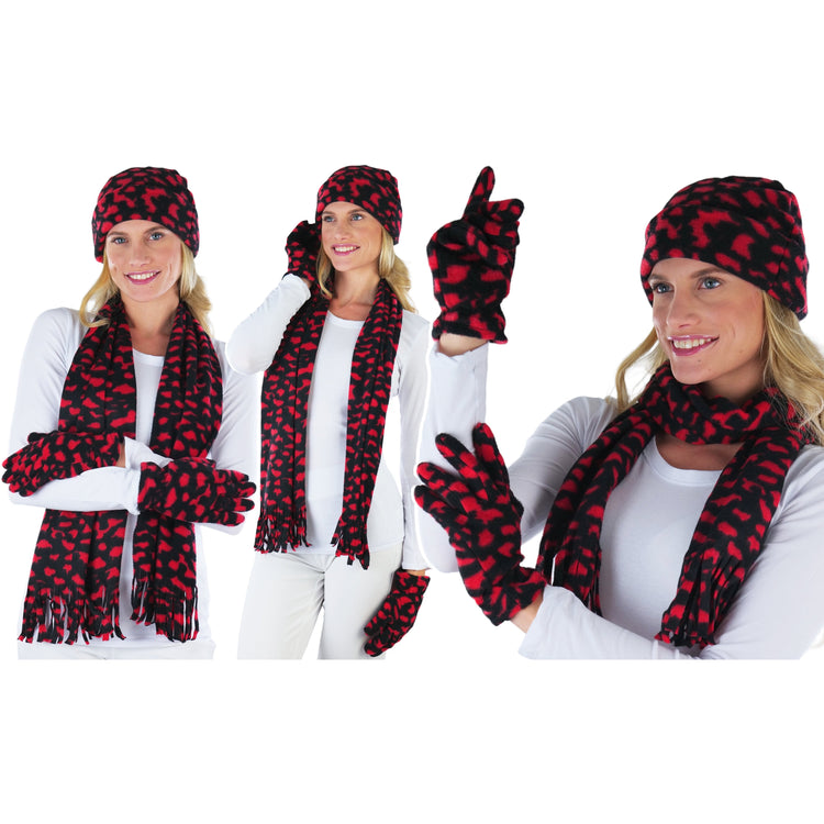 Women’s 3-Piece Fleece Polyester Animal Print Scarf, Gloves & Hat