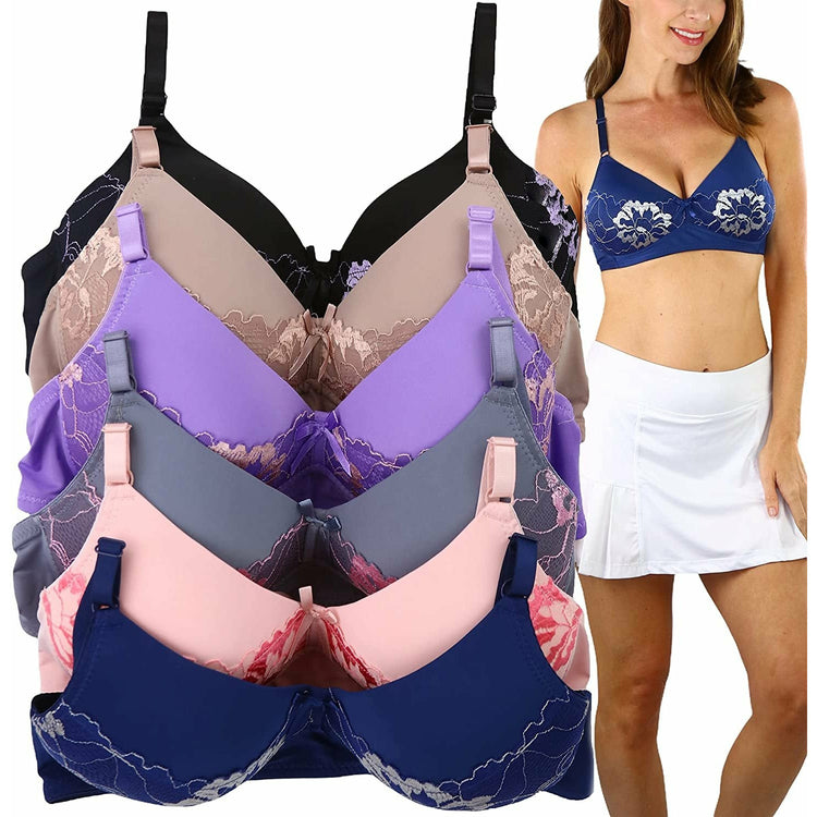 ToBeInStyle Women's Pack of 6 Wire Free Bras with Bold Floral Lace Overlay