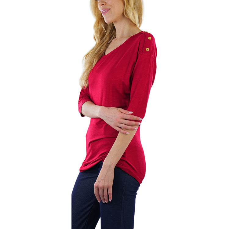 Women's Side Shirred Button at Shoulder Top